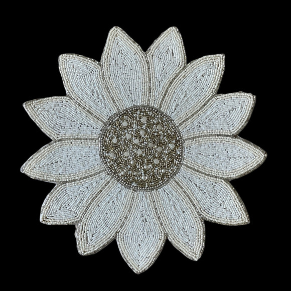 TAHARI HOME Glass Hand Beaded Charger Placemat 15in White Silver Floral NEW - Picture 2 of 14